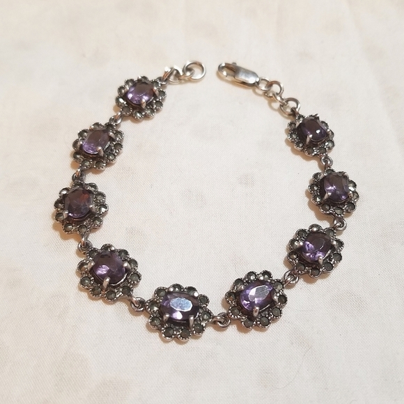 Vtg Genuine Amethyst Marcasite Sterling Silver Bracelet - Picture 4 of 6